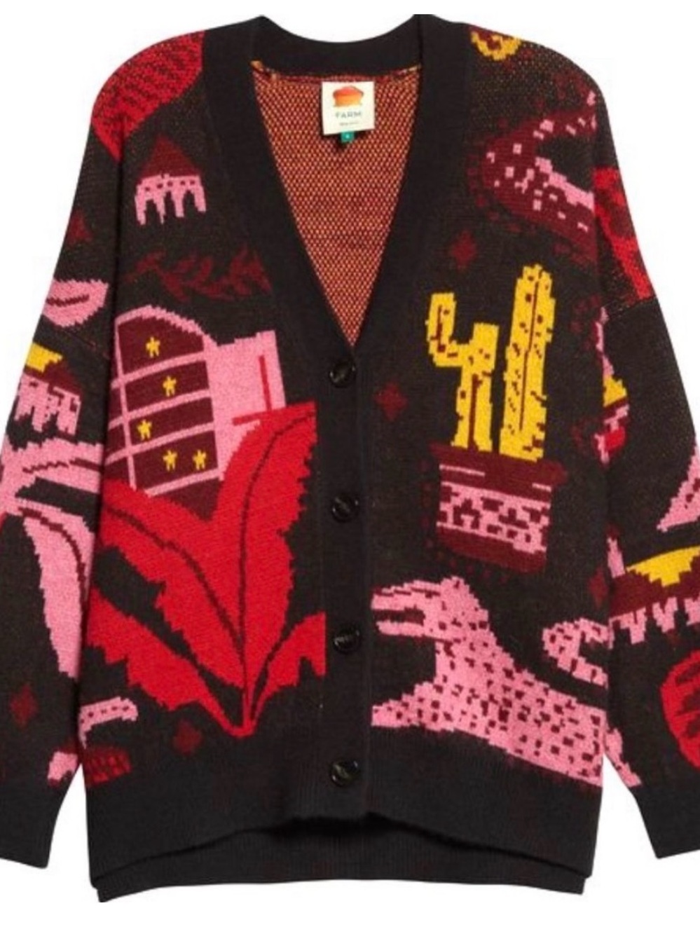 FARM Rio Black Tropical Magic Cardigan with Pink, Red & Yellow Graphic Motifs